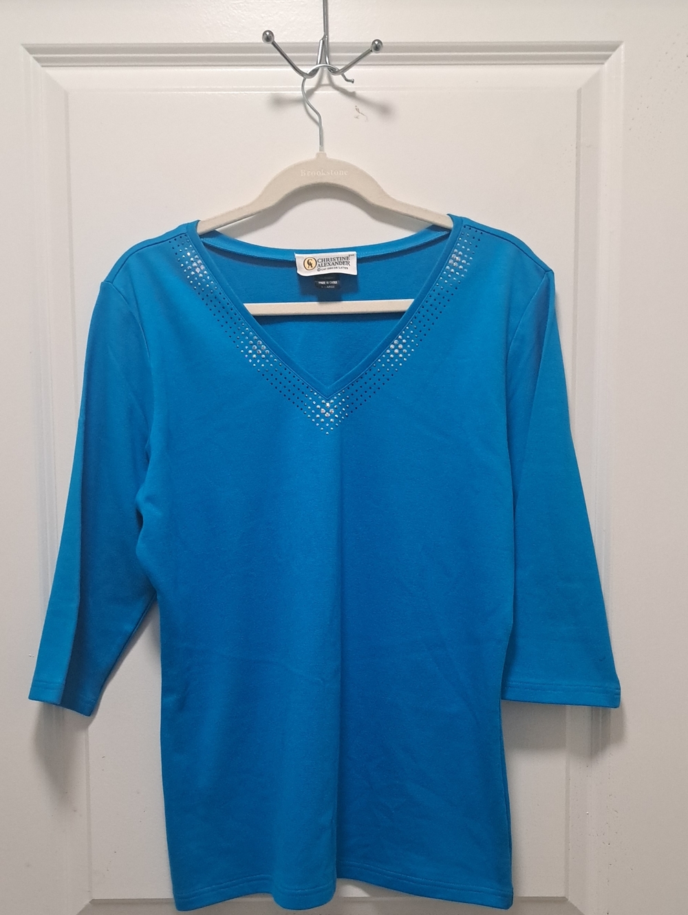 Christine Alexander Bright Turquoise V-Neck Long Sleeve Tee with Stud Accents